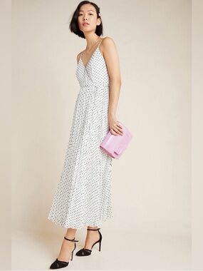 Anthropologie Daniel Rainn Marilyn Polka Dot Pleated Maxi Wrap Dress NWT Large